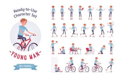 Kullanıma hazır genç adam karakter seti, çeşitli pozlar ve duygular.