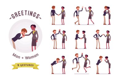 Businessman and businesswoman greeting character set, various poses and emotions clipart