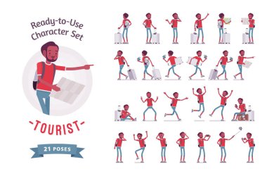 Siyah erkek turist seti, çeşitli pozlar ve duygular.