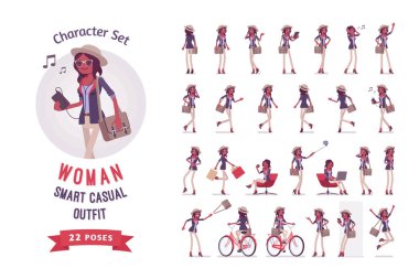 Siyah, çekici, zeki, gündelik, kullanıma hazır kadın karakter seti.