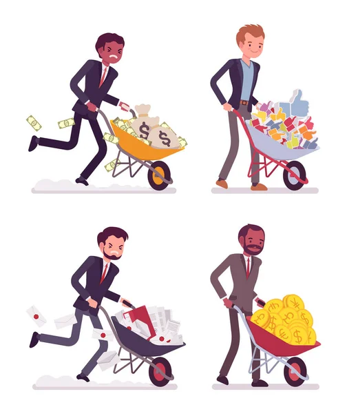 Conjunto de homens empurrando carrinhos de mão com moedas, sacos de dinheiro, gostos, documentações — Vetor de Stock