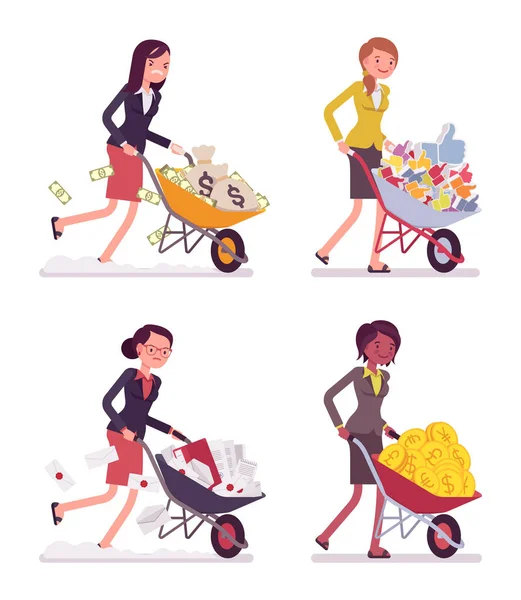 Conjunto de mulheres empurrando carrinhos de mão com moedas, sacos de dinheiro, gostos, documentações — Vetor de Stock