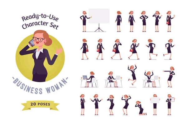 Kullanıma hazır kadın karakter seti, farklı pozlar ve duygular.