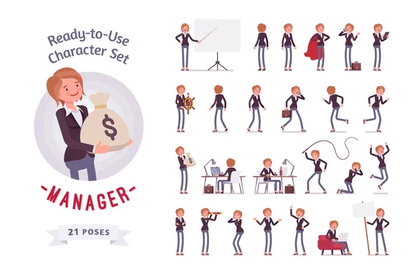 Ready-to-use female manager character set, different poses and emotions — Stock Vector