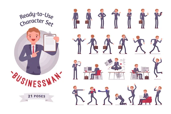 Kullanıma hazır iş adamı karakter seti, farklı pozlar ve duygular.