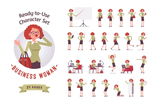 Conjunto de personagens de mulher de negócios pronta a usar, diferentes poses e emoções — Vetor de Stock