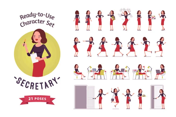 Set de personajes de secretaria joven lista para usar, diferentes poses y emociones — Vector de stock