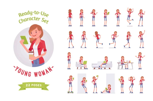 Set de personajes de mujer joven lista para usar, varias poses y emociones — Vector de stock