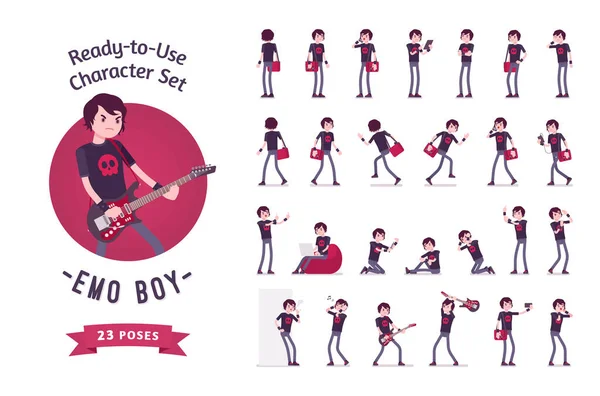Pronto para uso emo boy character set, várias poses e emoções — Vetor de Stock