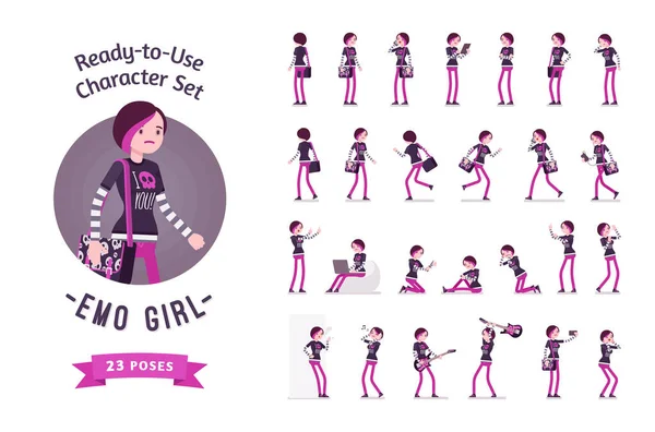 Pronto para uso emo girl character set, várias poses e emoções —  Vetores de Stock