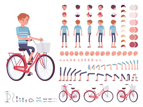 Ung man cykla stadscykel. Karaktärsuppsättning — Stock vektor