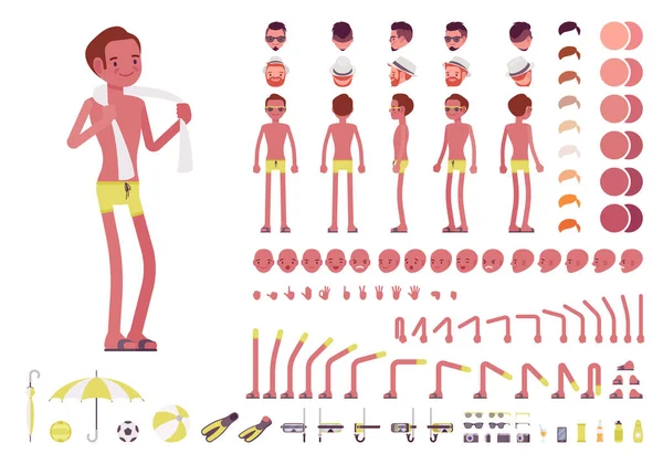 Yüzme şortlu genç zayıf adam. Karakter oluşturma seti