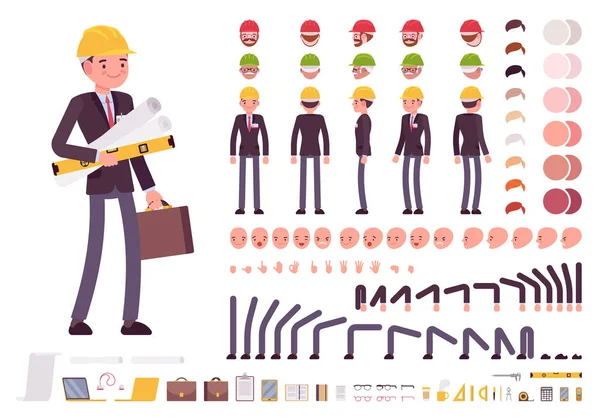 Takım elbiseli ve koruyucu kasklı bir erkek mimar. Karakter oluşturma seti