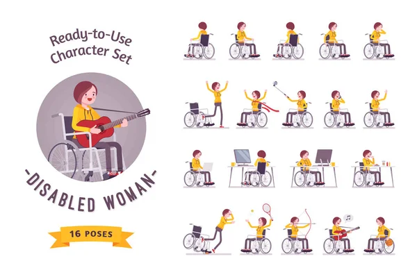 女性の若い車椅子のユーザーキャラクターセット、様々なポーズ — ストックベクタ