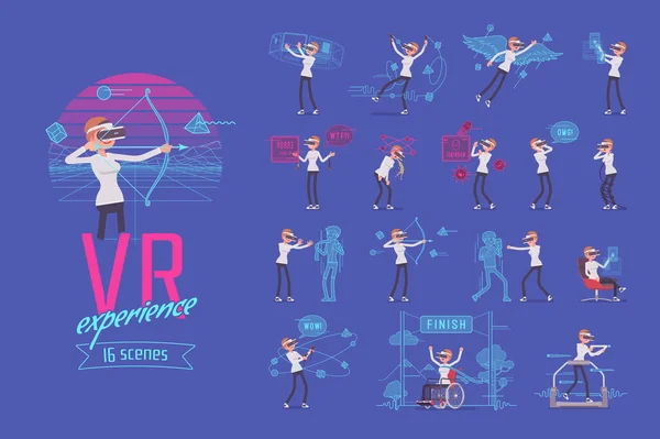 VR kvinnliga användare teckenuppsättning, olika poser — Stock vektor