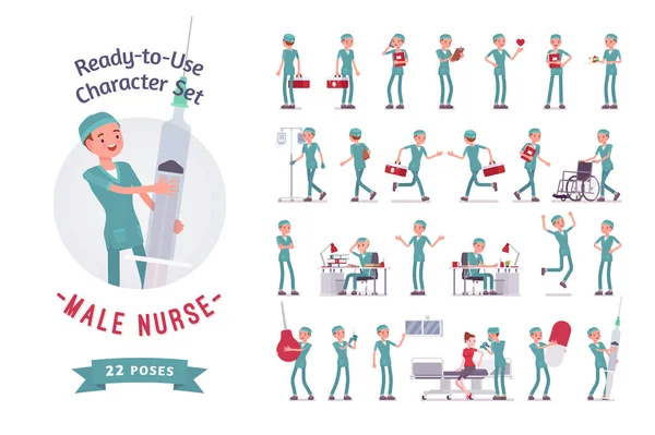 Conjunto de personagens de enfermeiro pronto a usar — Vetor de Stock