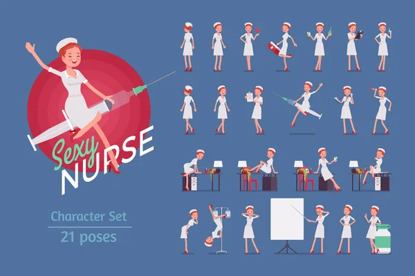 Sexy verpleegkundige kant-en-klare Pin Up karakter set — Stockvector