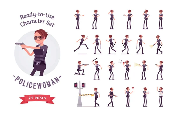 Young policewoman ready-to-use character set — Stock Vector