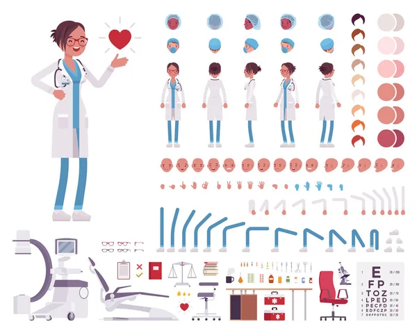 Medico donna in bianco clinica uniforme set di creazione di caratteri — Vettoriale Stock
