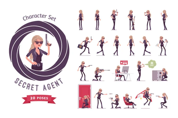 Agente secreto mujer listo para usar juego de caracteres — Vector de stock