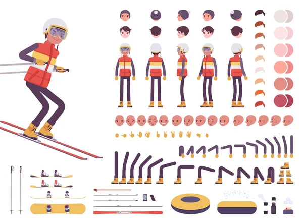 Skier man karakter creatie set — Stockvector