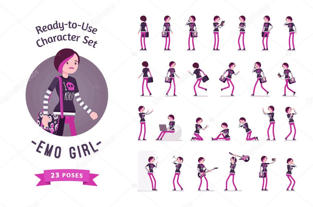 Ready-to-use emo girl character set, various poses and emotions
