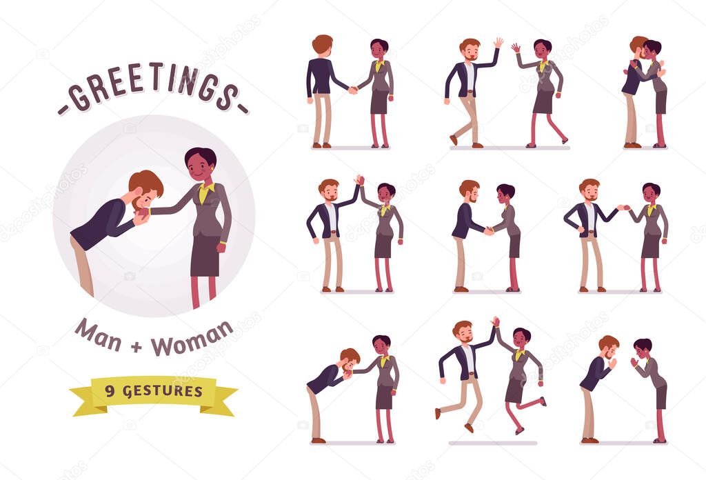 Businessman and businesswoman greeting character set, various poses and emotions