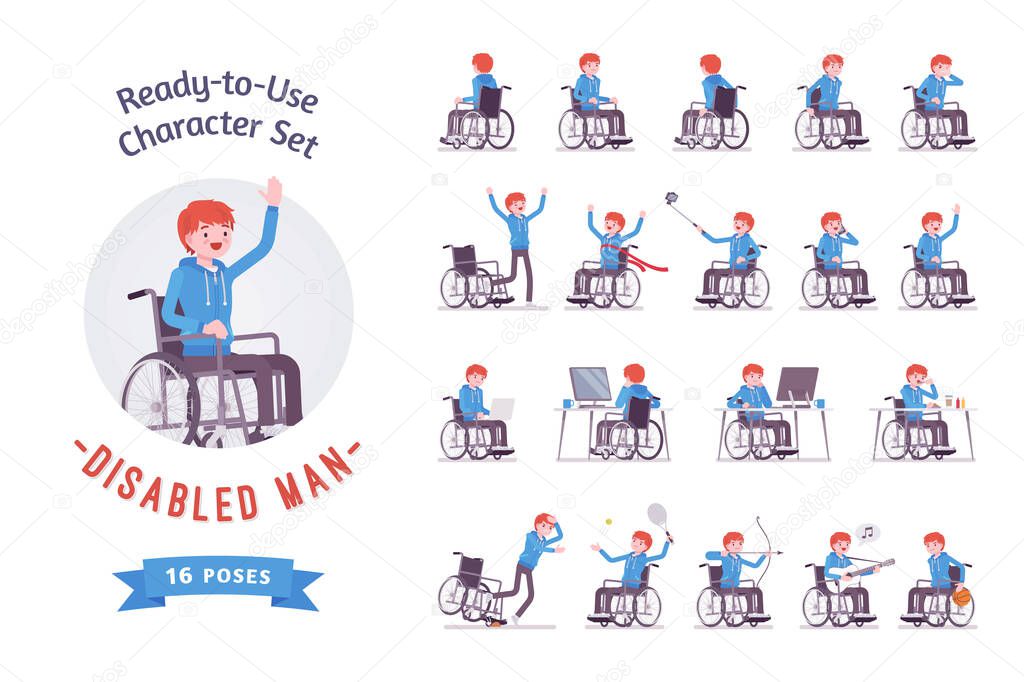 Male young wheelchair user character set, various poses