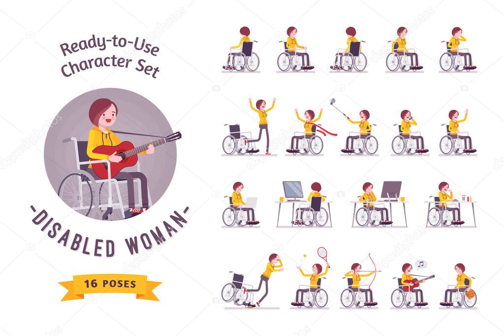Female young wheelchair user character set, various poses