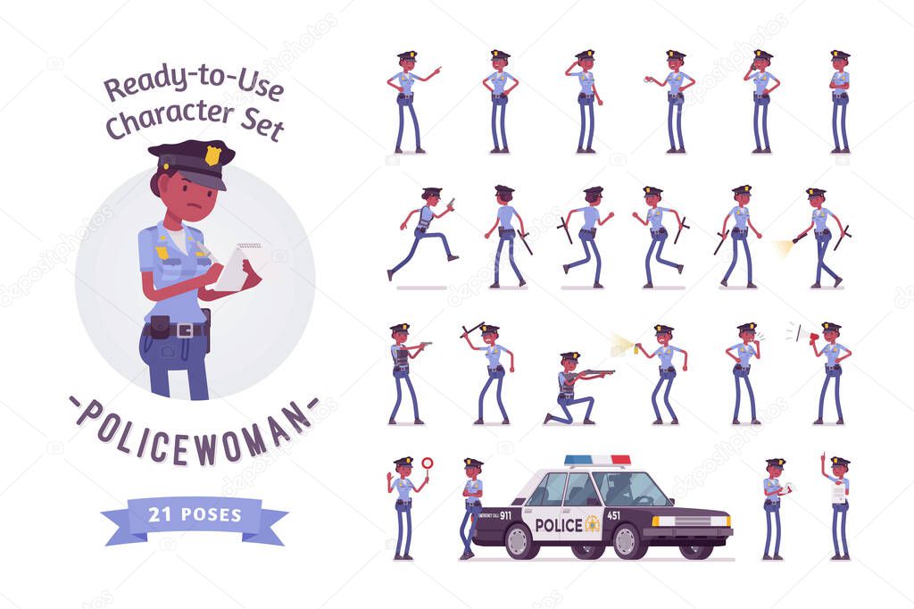 Young black policewoman ready-to-use character set