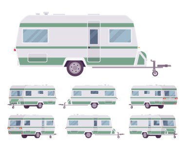 Karavan tarzı yeşil ve beyaz karavan seti, seyahat karavanı.