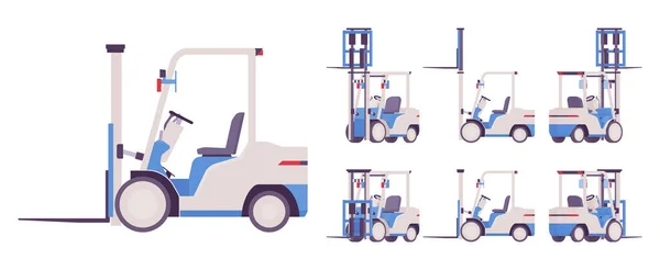 Carretilla elevadora, vehículo profesional, plataforma para levantar, llevando cargas pesadas — Vector de stock