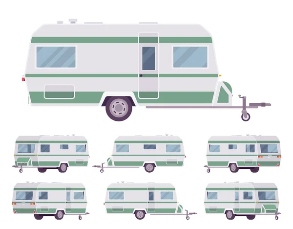 RV estilo vintage verde e branco conjunto de campista, reboque de viagem — Vetor de Stock