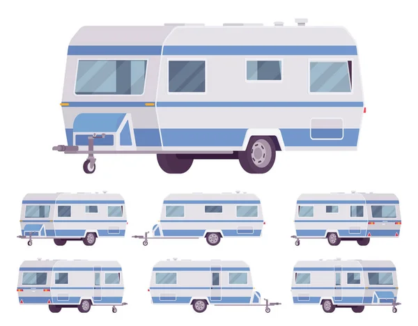 Conjunto de caravana azul y blanco estilo vintage RV, remolque de viaje — Archivo Imágenes Vectoriales