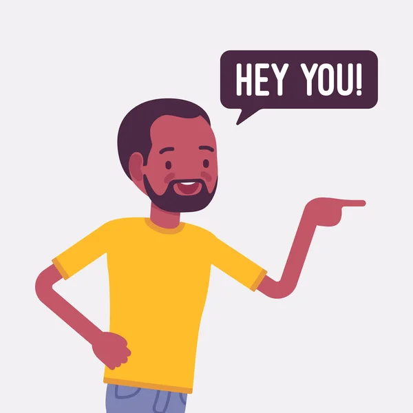 Hé vous doigt homme noir pointant pour appeler, attirer l'attention — Image vectorielle