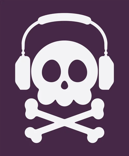 Ícone de pirataria musical, crânio Jolly Roger usando fones de ouvido — Vetor de Stock