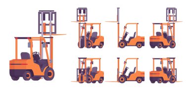 Forklift kamyonu, ağır yük taşımak için parlak turuncu profesyonel araç.