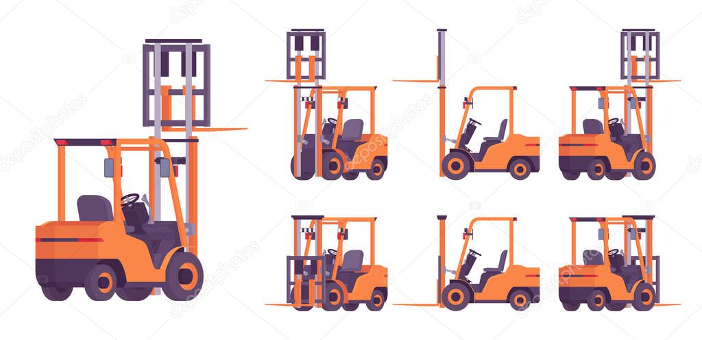 Forklift truck, bright orange professional vehicle for lifting, carrying loads