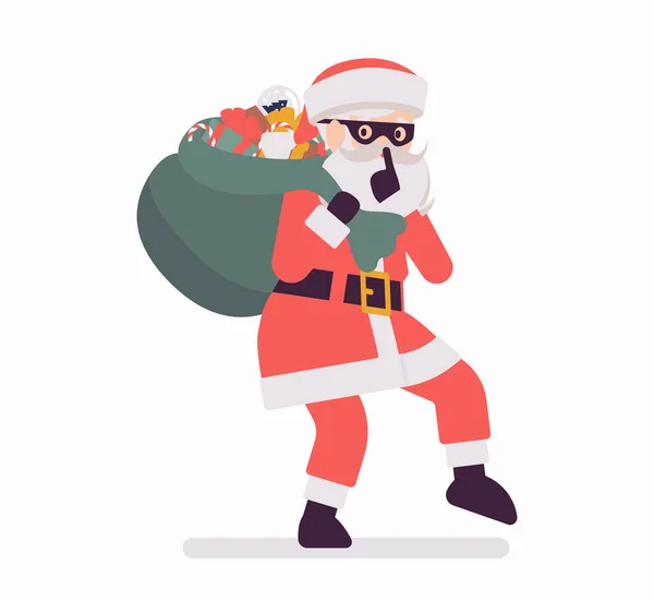 Секрет Санта Клаус робить тихий жест, повільно рухаючись з мішком — стоковий вектор