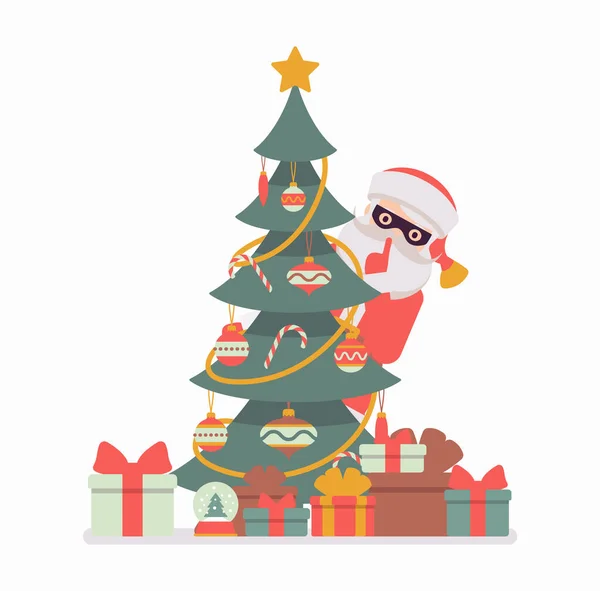 Secret Santa Claus wearing mask hiding behind a christmas tree — Stock Vector