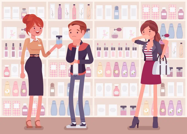 Choisir le parfum, trouver le parfum dans un magasin avec l'assistant de vente — Image vectorielle