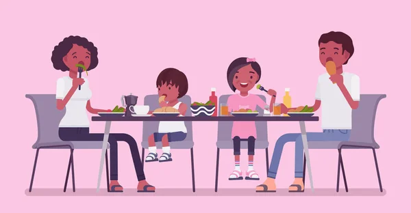快乐的黑人家庭在餐桌边吃饭 — 图库矢量图片