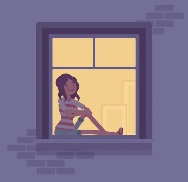 Fenêtre la nuit avec une jeune femme derrière, assise au rebord de la fenêtre — Image vectorielle