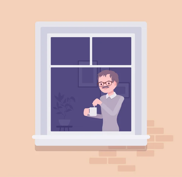 Pencerenin arkasında çay demleyen genç bir adam var. — Stok Vektör