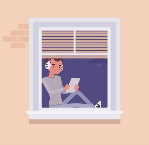 Window with a young man sitting behind with tablet — Stock Vector