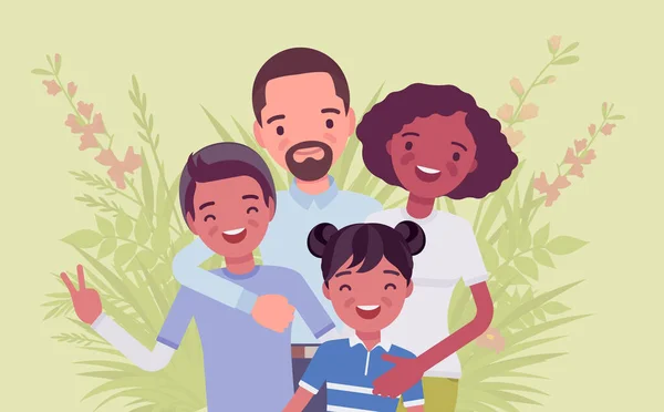 Familia feliz multicultural, padres e hijos de diferentes razas, culturas — Vector de stock