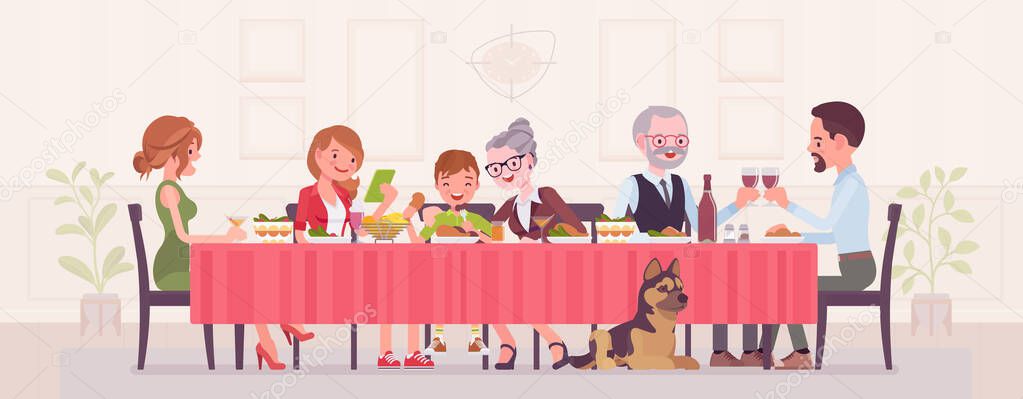 Big happy family eating festive dinner at table