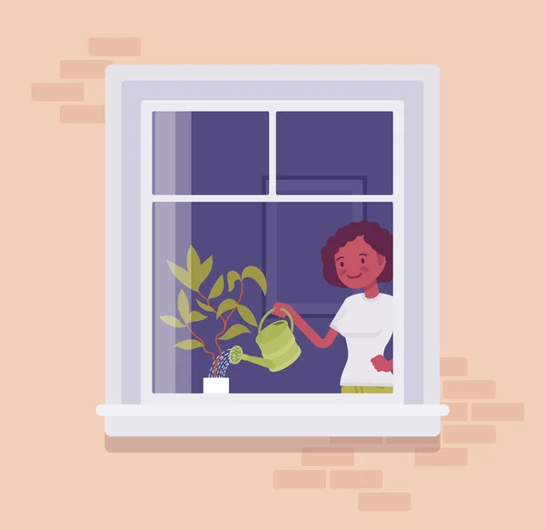 Fenêtre avec une jeune femme arrosant la plante de la maison derrière — Image vectorielle