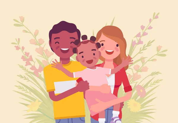 Multiculturele gelukkige familie, ouders en kind van verschillende ras, cultuur — Stockvector