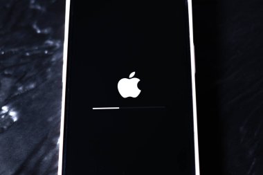 KYIV, UKRAINE - September 15, 2025 : White Apple Iphone company logo and line of updating system progress. Close up.